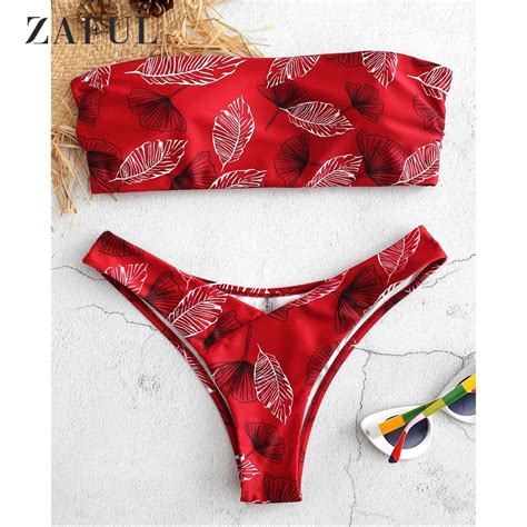 Zaful Side Boning Leaf Bandeau Thong Bikini Set Swimwear Women High Cut Swimsuit Strapless