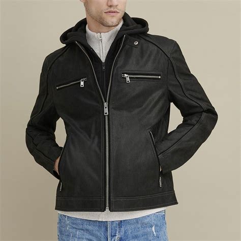 Malcom Men S Black Leather Hooded Jacket Ala Mode