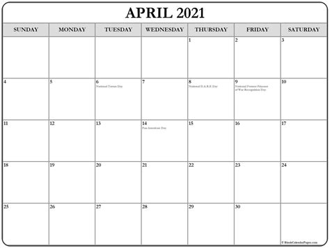April 2021 Calendar With Us Holidays Printable March