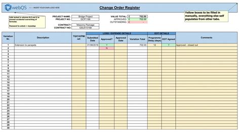 Change Order Form Change Log Excel Template Webqs