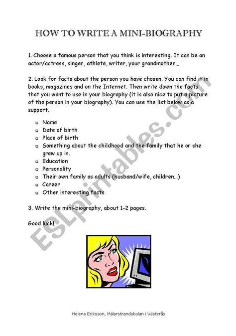 Use our tips & tricks to help you get started! How to Write a Mini-biography - ESL worksheet by Heleri74