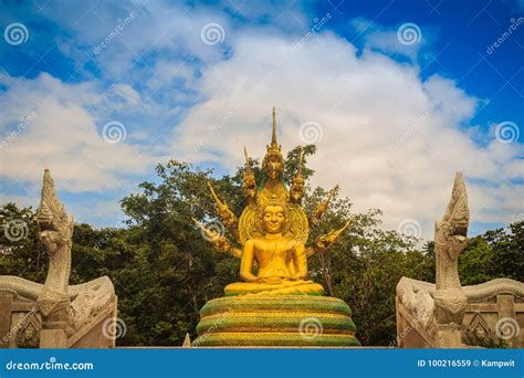 Beautiful Golden Buddha Statue With Seven Phaya Naga Heads Under Stock