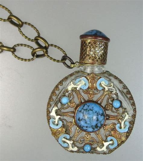 Antique Czech Gilt Filigree Turquoise Stones Enamel Chatelaine Perfume