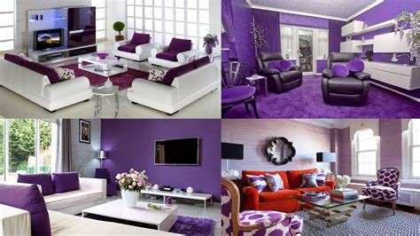 contoh gambar desain dekorasi ruang tamu nuansa ungu cantik cerah