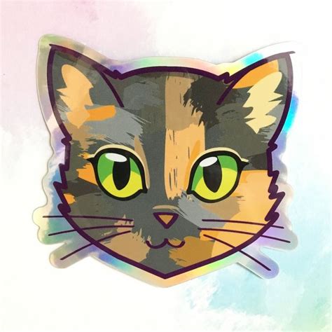 Tortoiseshell Cat Face Green Eyes Holographic Sticker In 2021 Cat
