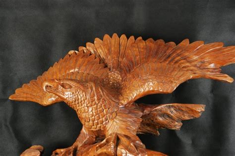 Oriental Hand Carved Wood Eagle Sculpture