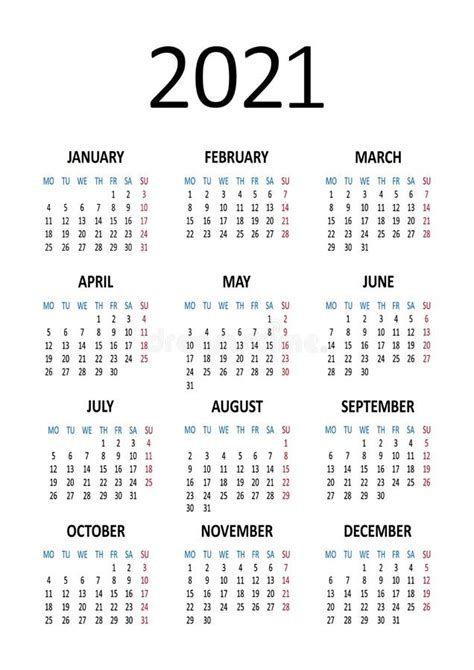 Roczny Kalendarz 2020 2021 Tydzień Rozpoczyna Się W Poniedziałek