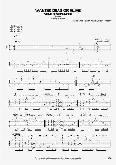 Free Guitar Tablature For The Song Wanted Dead Or Alive From The Album Slippery When Wet By Bon