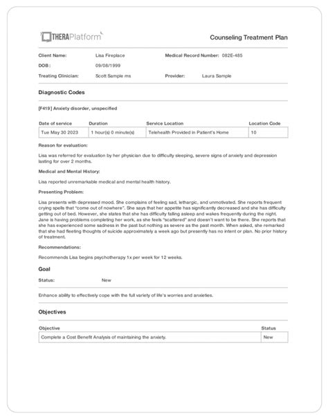 Counseling Treatment Plan Template