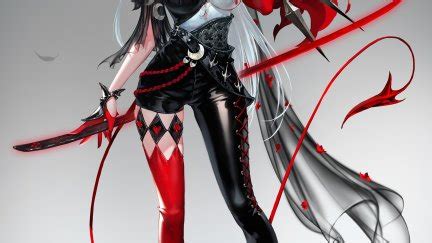 Nessi Women Original Characters Drawing Silver Hair Weapon Red Black Clothing Face Paint