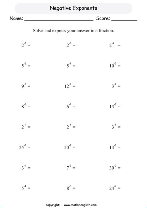 Numbers With Negative Exponents Worksheet