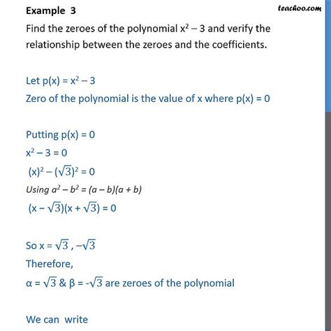 example 3 find zeroes of polynomial x2 3 and verify examples