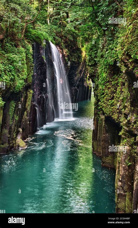 Beautiful Gorge Takachiho With A Blue River And Waterfall Japan