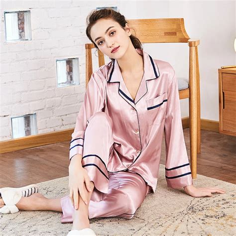 Ssh0212 High Quality Silk Pajamas Nightwear Ladies Spring Autumn Two Pieces Set Pyjama Female