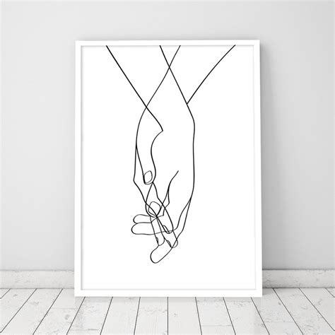 Romantic Lovers Hands One Line Holding Hands Black White Etsy Line