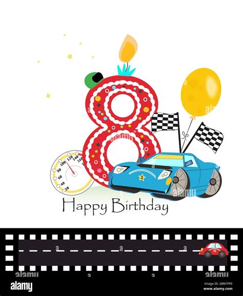 Happy Eighth Birthday Candle Baby Boy Greeting Card With Car Vector Illustration Stock Vector