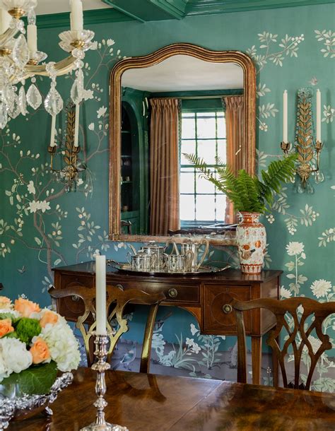 Traditional Dining Room Adorned With Chinoiserie Wallpaper By Honey