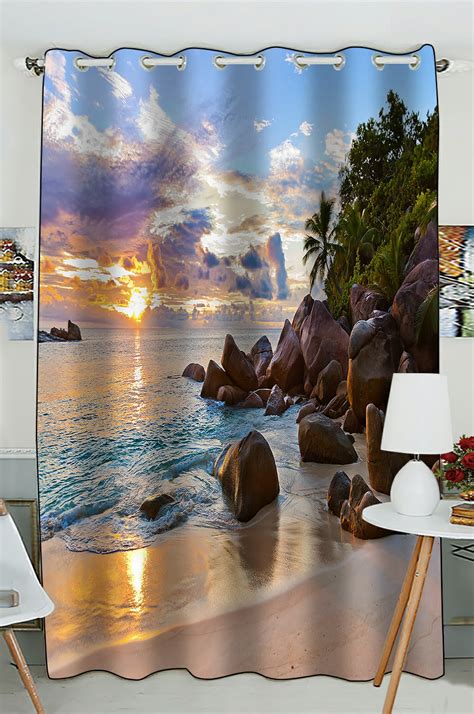 Phfzk Seascape Window Curtain Seychelles Tropical Beach At Sunset