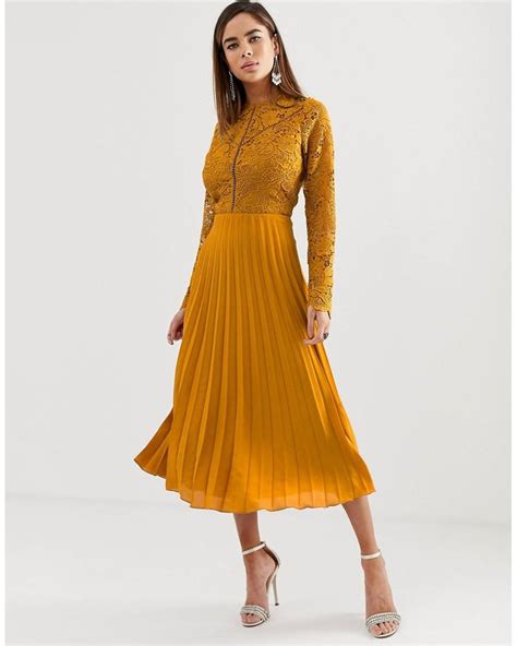 Asos Long Sleeve Lace Bodice Midi Dress With Pleated Skirt In Orange Lyst