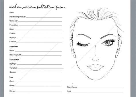 Makeup Consultation Form Makeover Form Makeup Artist Face Chart Product