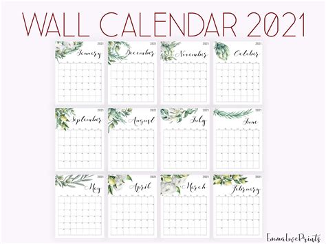 2021 Calendar Watercolour Calendar 2021 Botanical Wall Etsy
