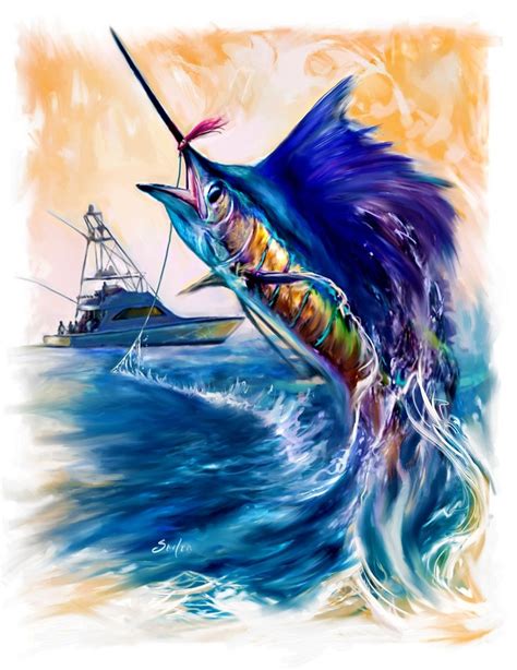Sailfish And Sport Fishing Yacht Art Print Sailfish And