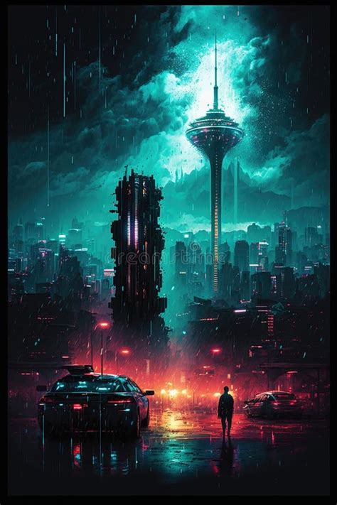 Cyberpunk Neon City At Night Futuristic Buildings And Tv Tower In Rain