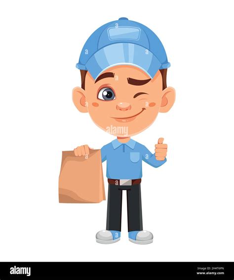 Courier Cartoon Character Funny Delivery Man Holding Paper Bag Stock