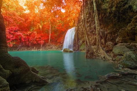Waterfall In Deep Forest At Erawan Waterfall National Park Stock Photo