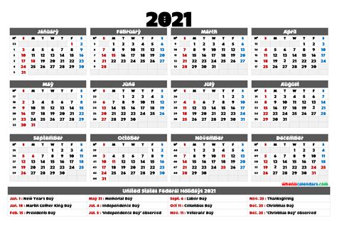 2021 Calendar With Holidays Printable 6 Templates
