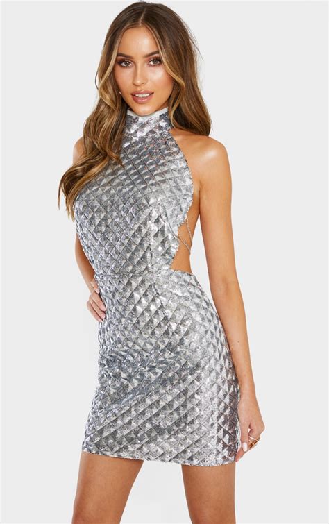 Silver Diamond Sequin Chain Back Bodycon Dress Prettylittlething Ca