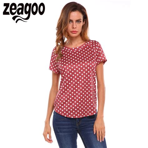 Zeagoo Summer Women Casual T Shirts O Neck Short Sleeve Polka Dot T Shirt Top Women Tops Blusa