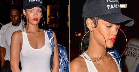 Rihanna Breast Nipple Piercing On Show In See Through White Top
