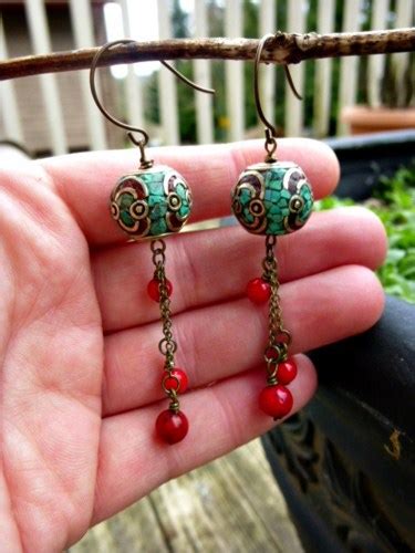 Red Coral Beads Turquoise Inlaid Bead Dangle Earrings On Luulla