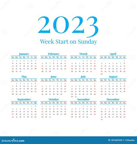 2023 Calendar With The Weeks Start On Sunday Stock Vector