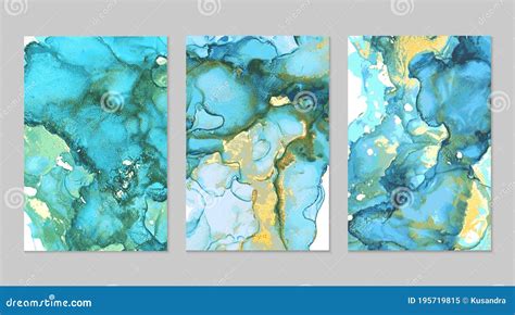 Teal Blue And Gold Marble Abstract Background Set Stock Vector