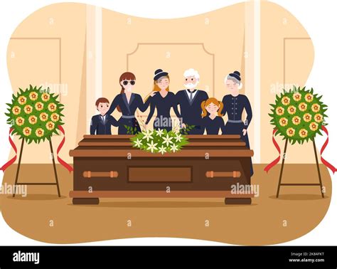 Funeral Ceremony In Grave Of Sad People In Black Clothes Standing And