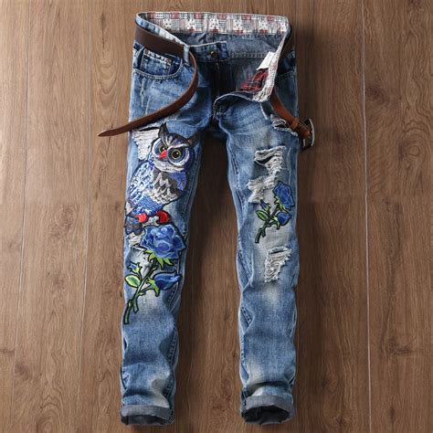 2017 New Designer Embroidery Ripped Jeans Men Distressed Light Blue