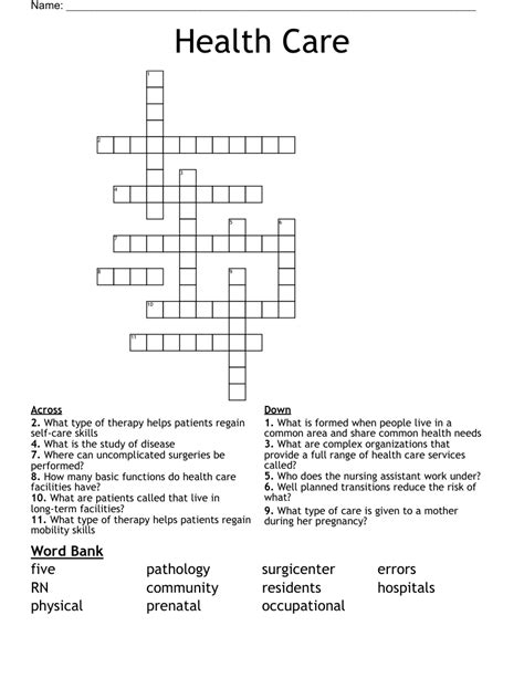 Health Care Crossword Wordmint