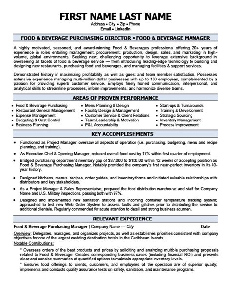 Food and beverage serving and related workers perform a variety of customer service, food preparation, and cleaning duties in eating and job outlook: Food & Beverage Purchasing Director Resume Template | Premium Resume Samples & Example