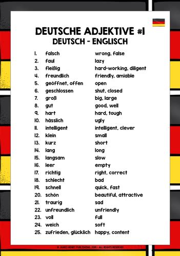 German Adjectives List Freebie 1 Teaching Resources