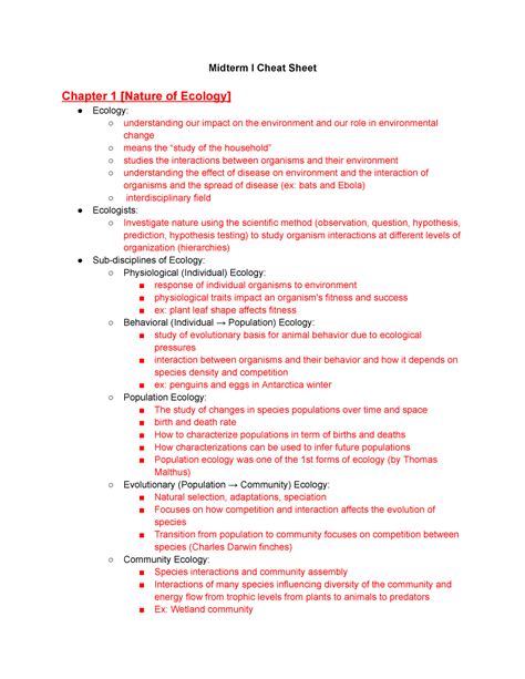 Ecology Exam Study Guide Midterm I Cheat Sheet Chapter Nature Of