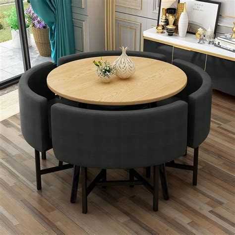 Round Wooden Small Dining Table Set Upholstered Chairs For Nook