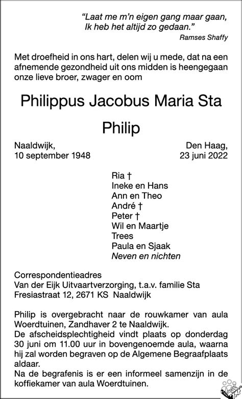 Philippus Jacobus Maria Philip Sta 23 06 2022 Overlijdensbericht En