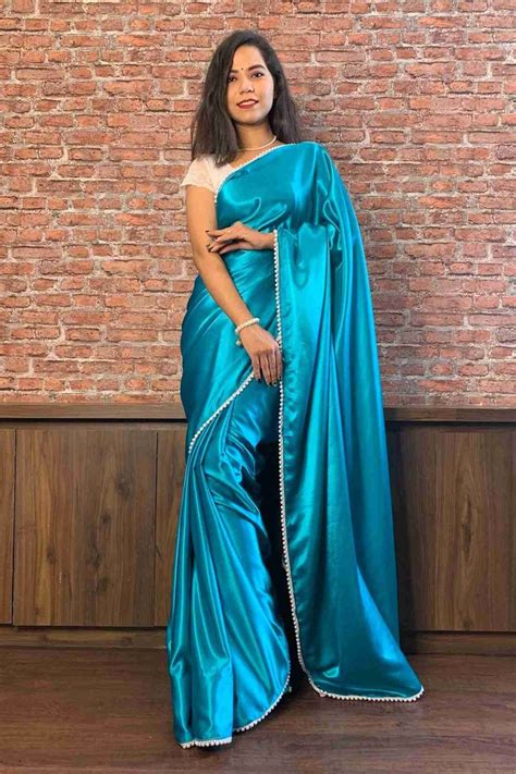 Blue Satin With Moti Lace Wrap In 1 Minute Saree L Satin Saree Sexy Satin Dress Ready To Wear