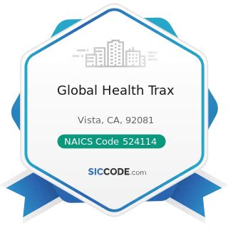 More extended sic codes for insurance email, call & mail your top prospects. Global Health Trax - ZIP 92081, NAICS 524114, SIC 6324