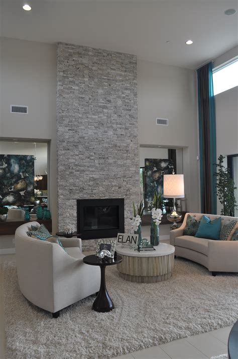 Grey Living Room With Stone Fireplace Information