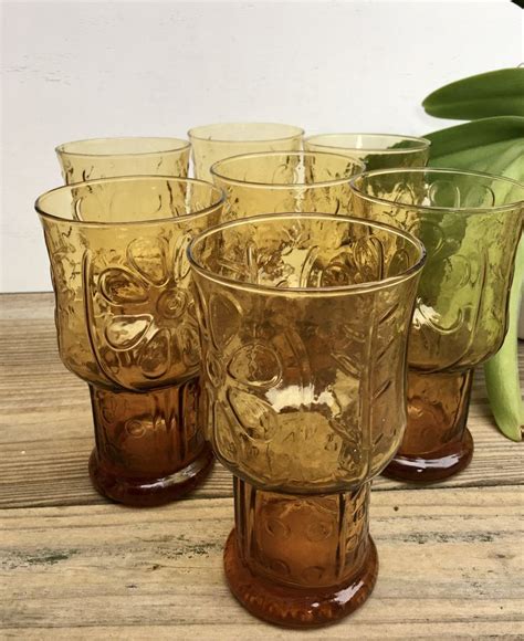 1970 Tall Libbey Country Garden Flower Amber Glasses Set Of Etsy Vintage Drinking Glasses