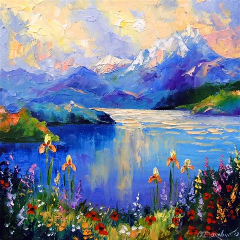 Flowers On The Shore Of A Mountain Lake Paintings By Olha Darchuk