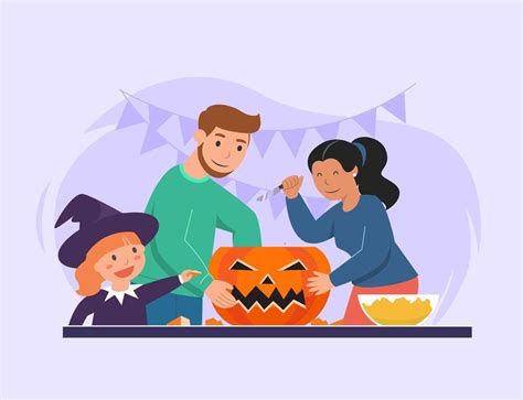 Vector Illustration Happy Halloween Trick Or Treat Families Decorate